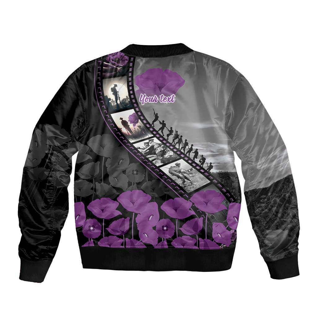 Personalised Remembering ANZAC Lest We Forget Sleeve Zip Bomber Jacket Vintage Film Frame Memorial Purple Poppy
