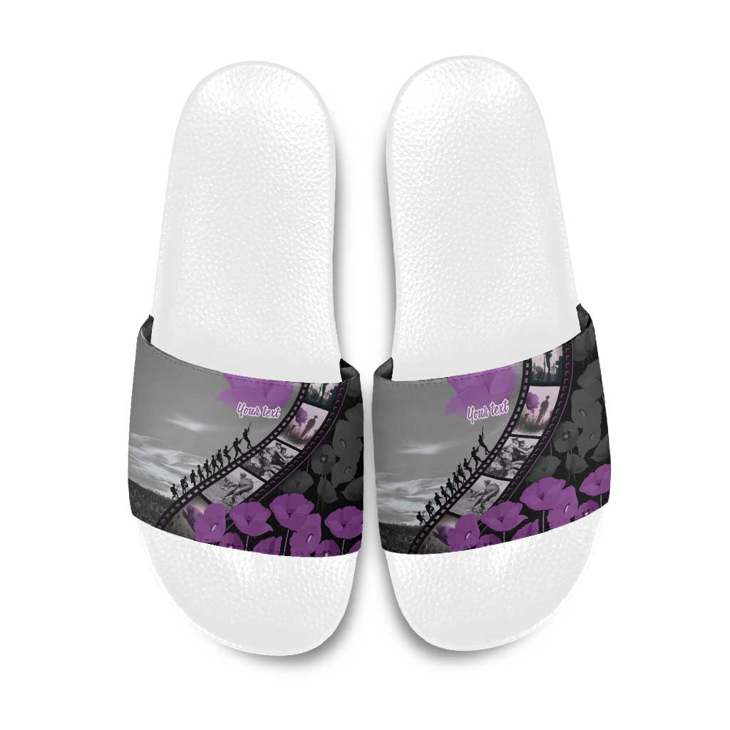 Personalised Remembering ANZAC Lest We Forget Slide Sandals Vintage Film Frame Memorial Purple Poppy