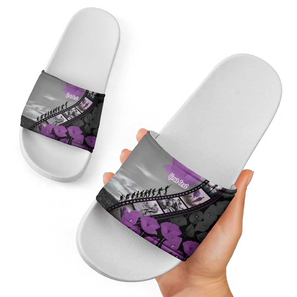Personalised Remembering ANZAC Lest We Forget Slide Sandals Vintage Film Frame Memorial Purple Poppy