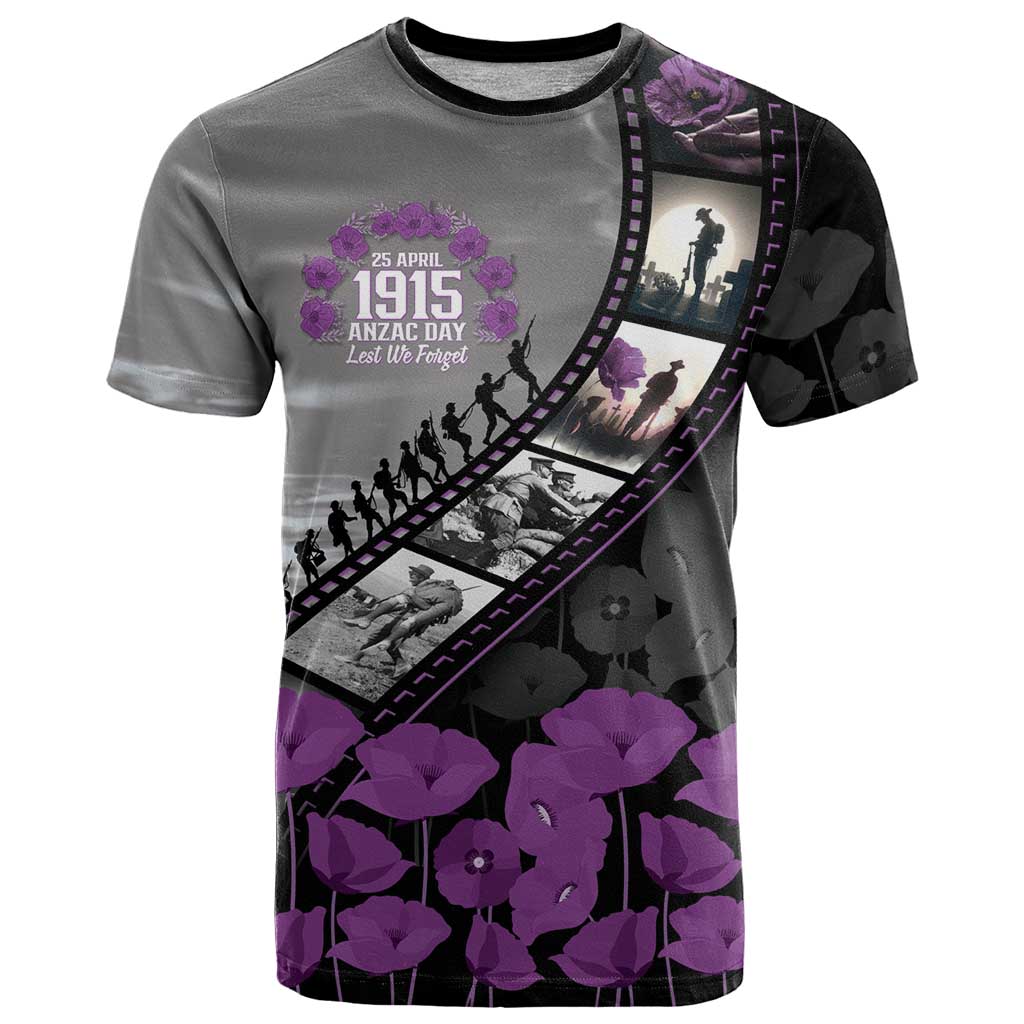 Personalised Remembering ANZAC Lest We Forget T Shirt Vintage Film Frame Memorial Purple Poppy