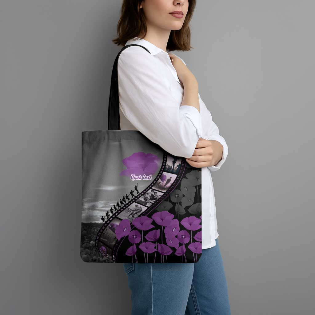 Personalised Remembering ANZAC Lest We Forget Tote Bag Vintage Film Frame Memorial Purple Poppy