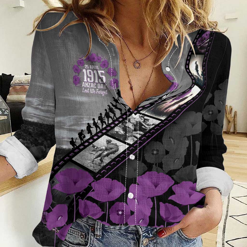 Personalised Remembering ANZAC Lest We Forget Women Casual Shirt Vintage Film Frame Memorial Purple Poppy