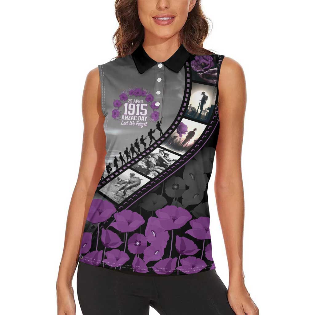 Personalised Remembering ANZAC Lest We Forget Women Sleeveless Polo Shirt Vintage Film Frame Memorial Purple Poppy LT9 - Polynesian Pride