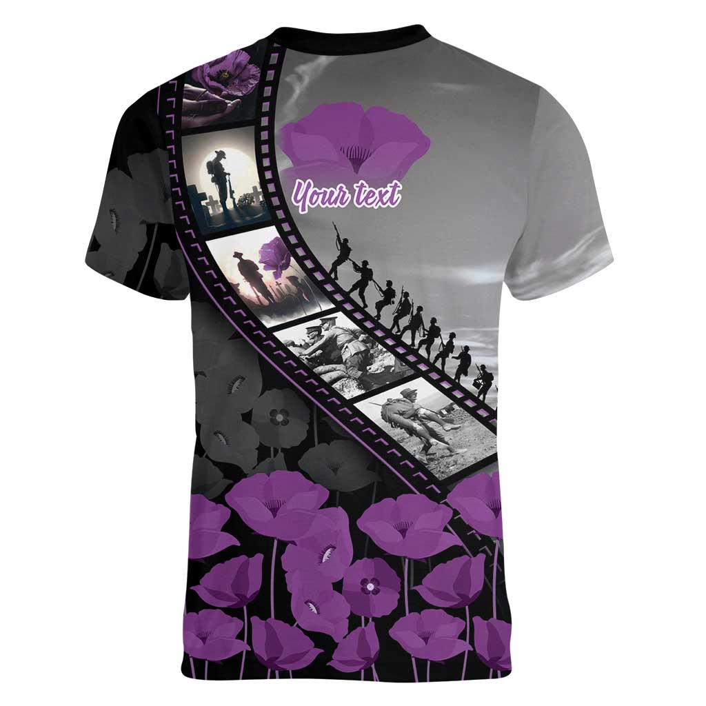 Personalised Remembering ANZAC Lest We Forget Women V-Neck T-Shirt Vintage Film Frame Memorial Purple Poppy