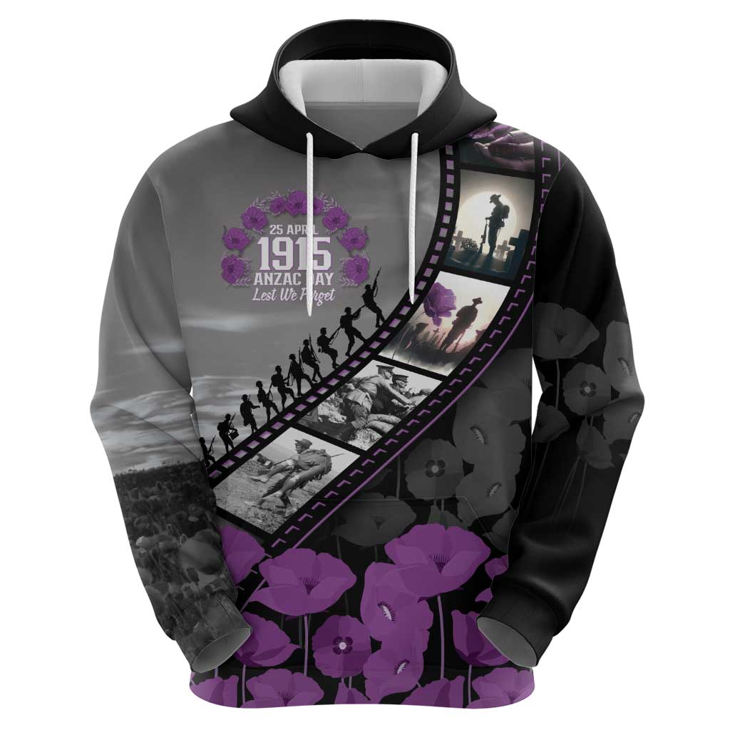 Personalised Remembering ANZAC Lest We Forget Zip Hoodie Vintage Film Frame Memorial Purple Poppy