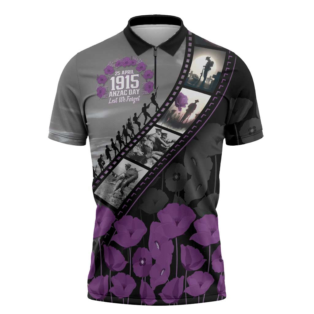 Personalised Remembering ANZAC Lest We Forget Zipper Polo Shirt Vintage Film Frame Memorial Purple Poppy