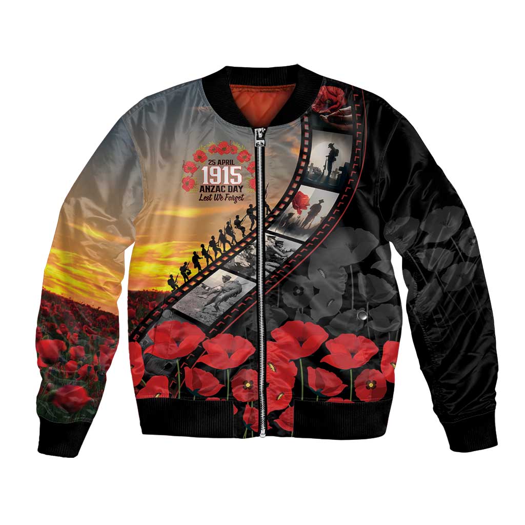 Personalised Remembering ANZAC Lest We Forget Bomber Jacket Vintage Film Frame Memorial Red Poppy