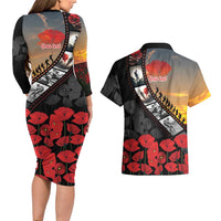 Personalised Remembering ANZAC Lest We Forget Couples Matching Long Sleeve Bodycon Dress and Hawaiian Shirt Vintage Film Frame Memorial Red Poppy LT9 - Polynesian Pride