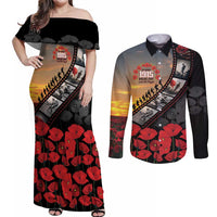 Personalised Remembering ANZAC Lest We Forget Couples Matching Off Shoulder Maxi Dress and Long Sleeve Button Shirt Vintage Film Frame Memorial Red Poppy