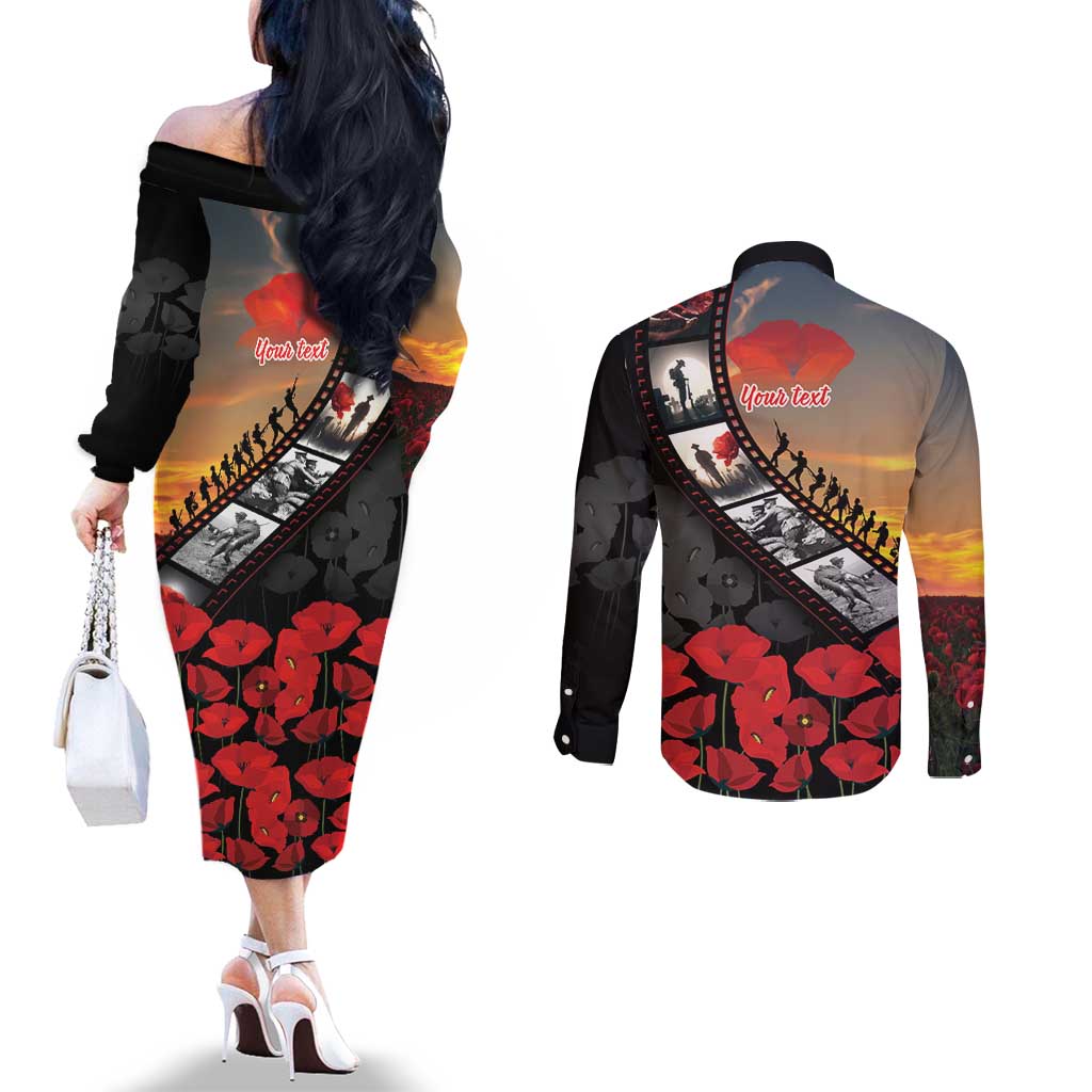 Personalised Remembering ANZAC Lest We Forget Couples Matching Off The Shoulder Long Sleeve Dress and Long Sleeve Button Shirt Vintage Film Frame Memorial Red Poppy