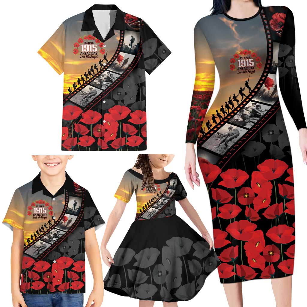 Personalised Remembering ANZAC Lest We Forget Family Matching Long Sleeve Bodycon Dress and Hawaiian Shirt Vintage Film Frame Memorial Red Poppy LT9 - Polynesian Pride