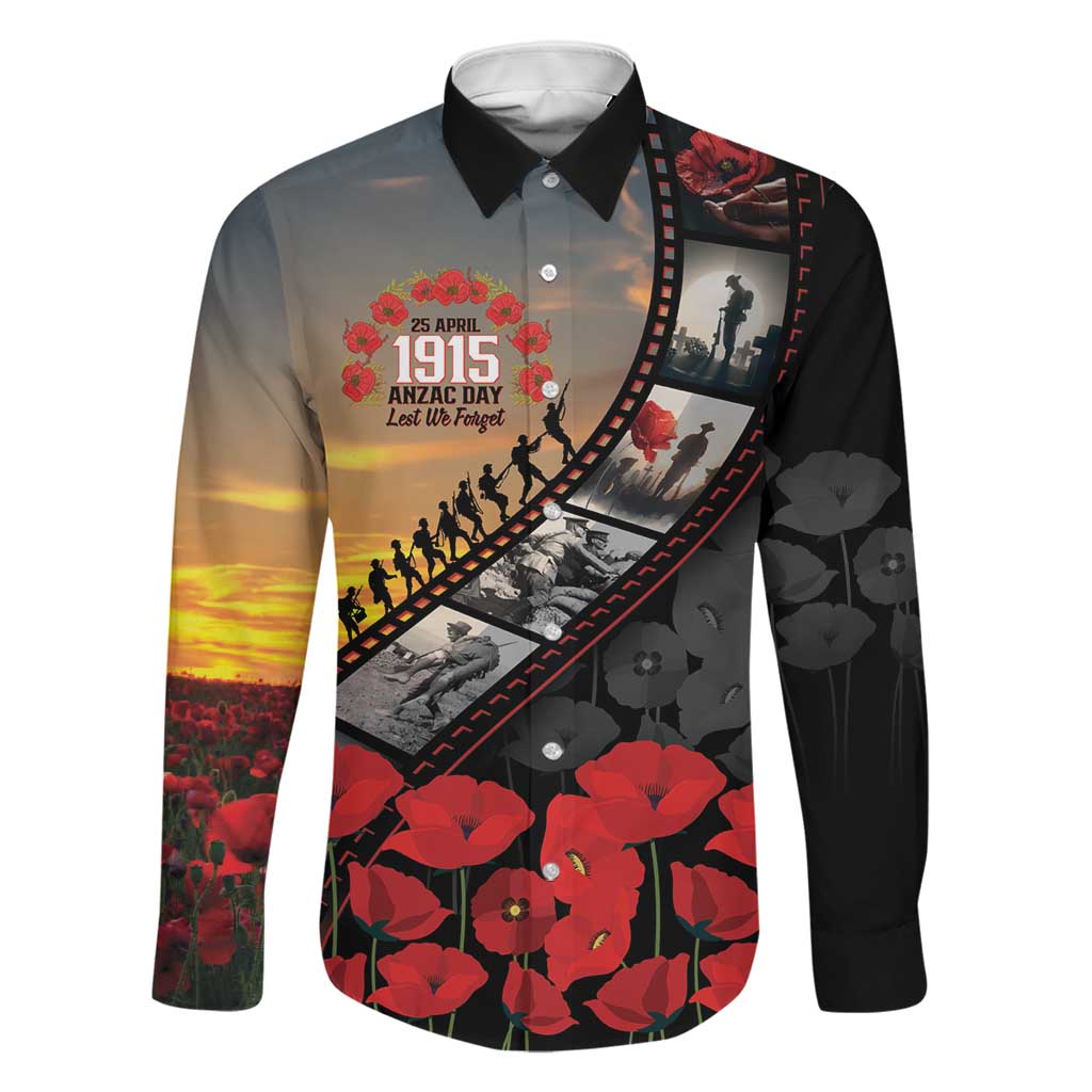 Personalised Remembering ANZAC Lest We Forget Family Matching Long Sleeve Bodycon Dress and Hawaiian Shirt Vintage Film Frame Memorial Red Poppy LT9 Dad's Shirt - Long Sleeve Red - Polynesian Pride
