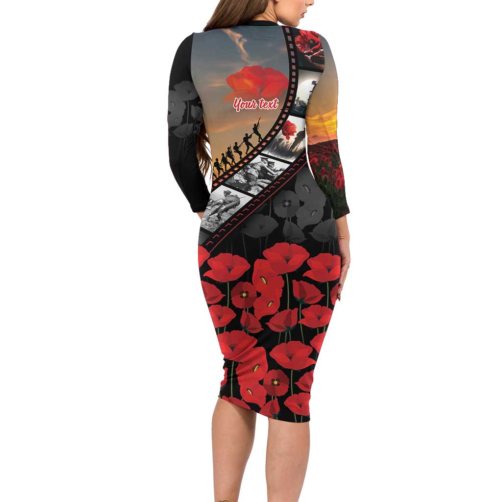 Personalised Remembering ANZAC Lest We Forget Family Matching Long Sleeve Bodycon Dress and Hawaiian Shirt Vintage Film Frame Memorial Red Poppy LT9 - Polynesian Pride