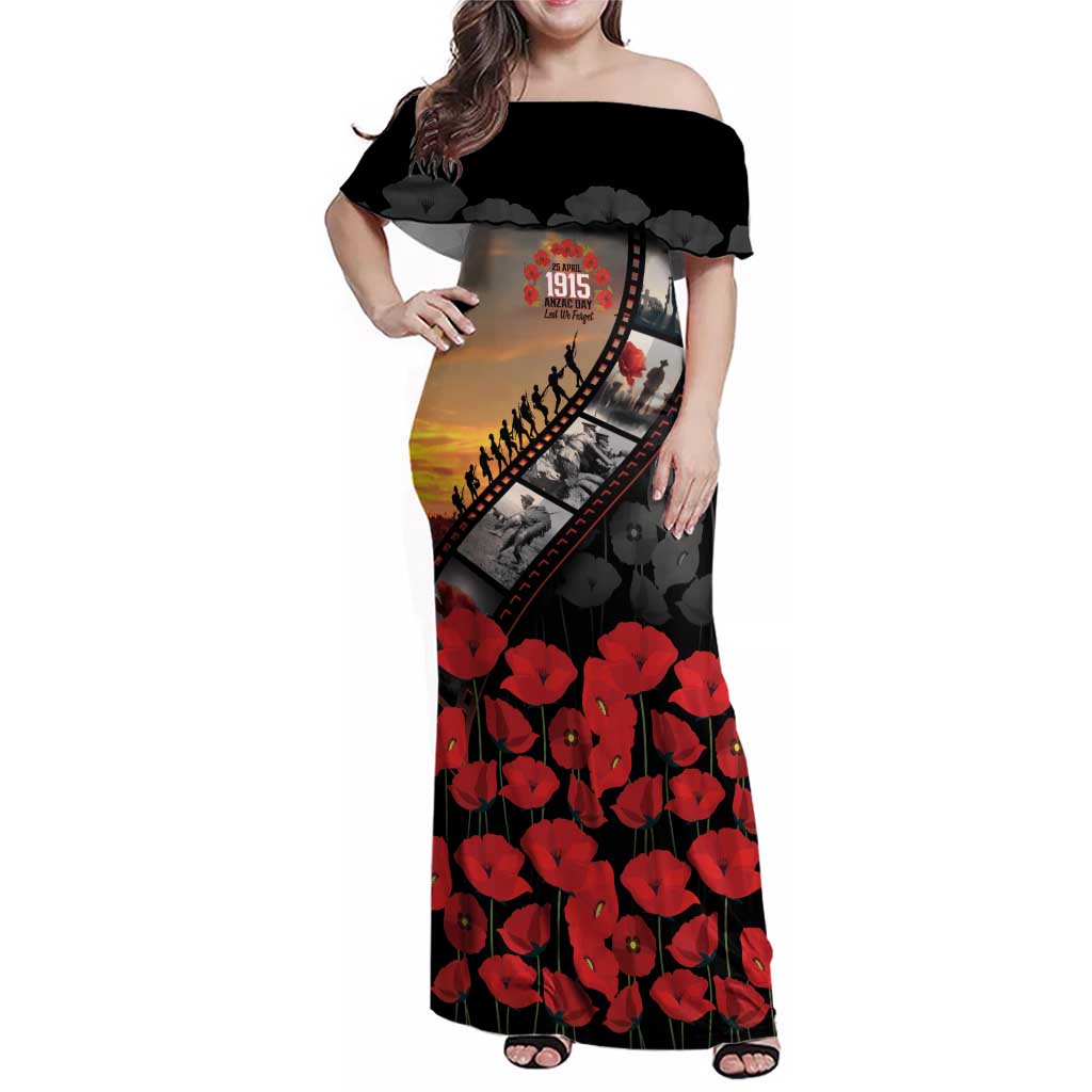 Personalised Remembering ANZAC Lest We Forget Family Matching Off Shoulder Maxi Dress and Hawaiian Shirt Vintage Film Frame Memorial Red Poppy LT9 Mom's Dress Red - Polynesian Pride