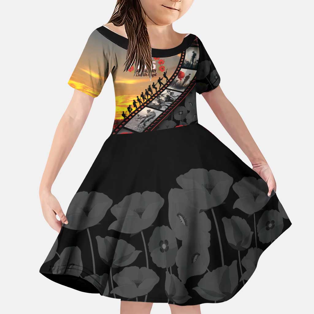 Personalised Remembering ANZAC Lest We Forget Family Matching Puletasi and Hawaiian Shirt Vintage Film Frame Memorial Red Poppy LT9 Daughter's Dress Red - Polynesian Pride