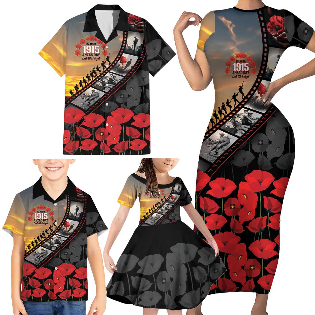 Personalised Remembering ANZAC Lest We Forget Family Matching Short Sleeve Bodycon Dress and Hawaiian Shirt Vintage Film Frame Memorial Red Poppy