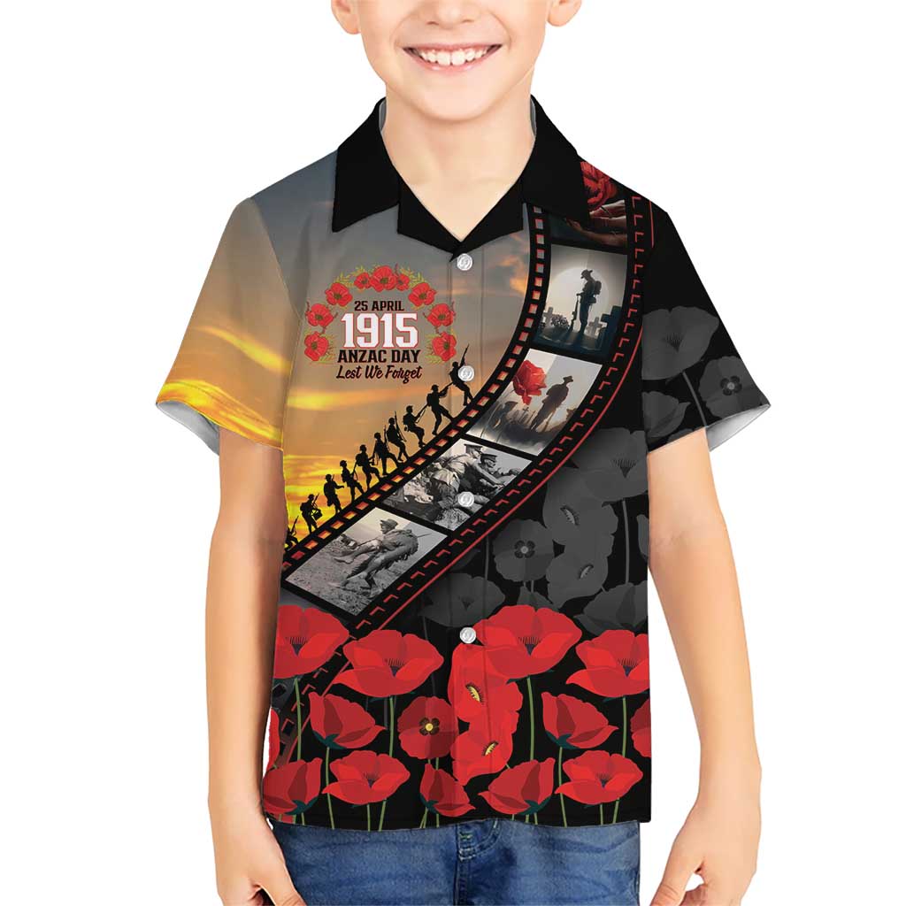 Personalised Remembering ANZAC Lest We Forget Family Matching Summer Maxi Dress and Hawaiian Shirt Vintage Film Frame Memorial Red Poppy LT9 Son's Shirt Red - Polynesian Pride