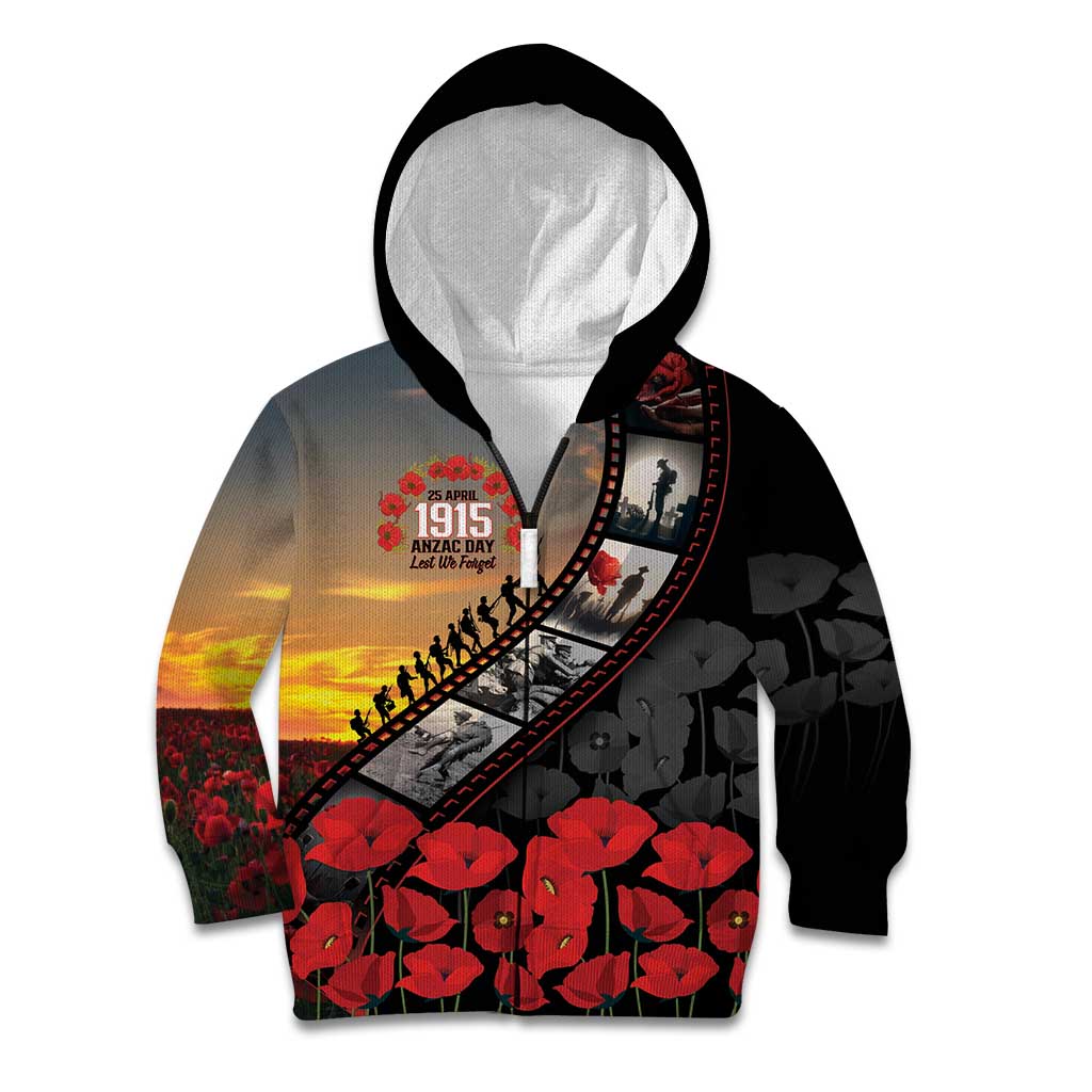 Personalised Remembering ANZAC Lest We Forget Kid Hoodie Vintage Film Frame Memorial Red Poppy