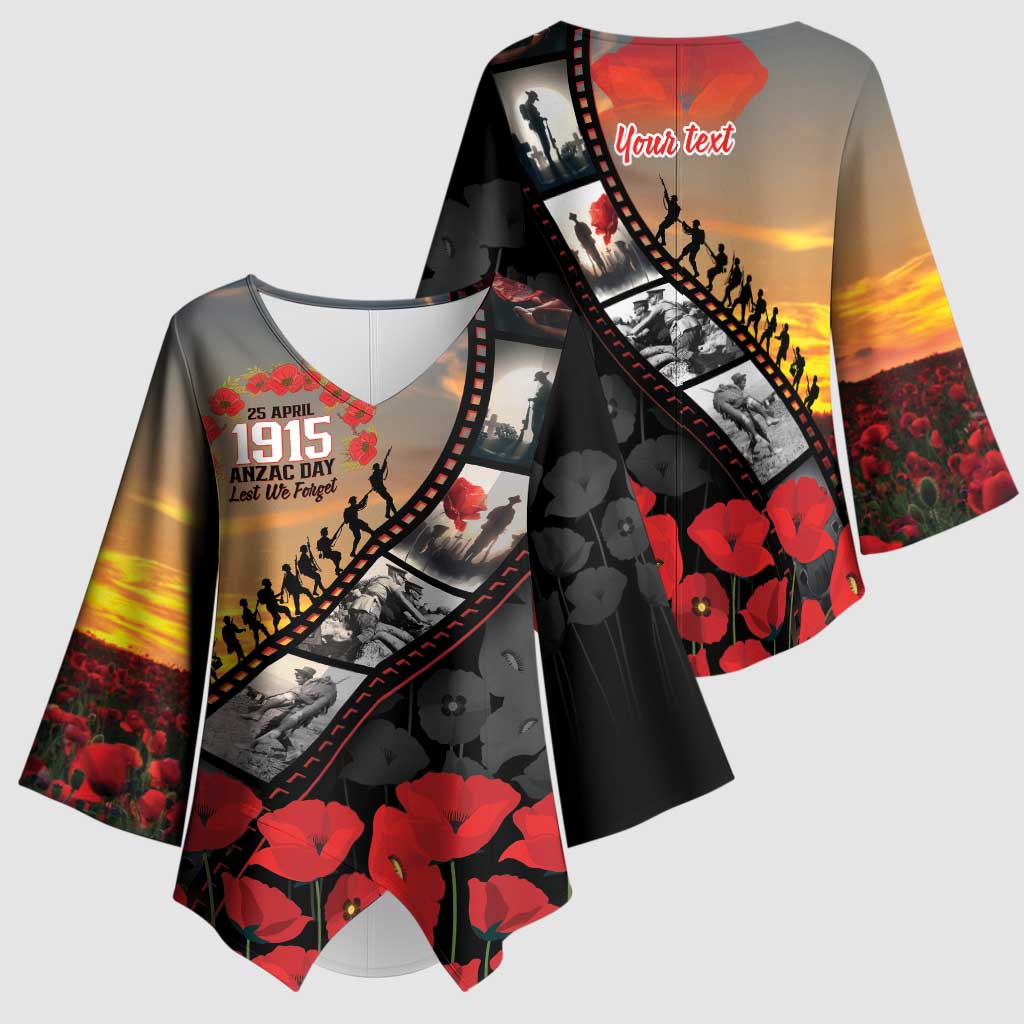 Personalised Remembering ANZAC Lest We Forget Kimono Sleeve Blouse Vintage Film Frame Memorial Red Poppy
