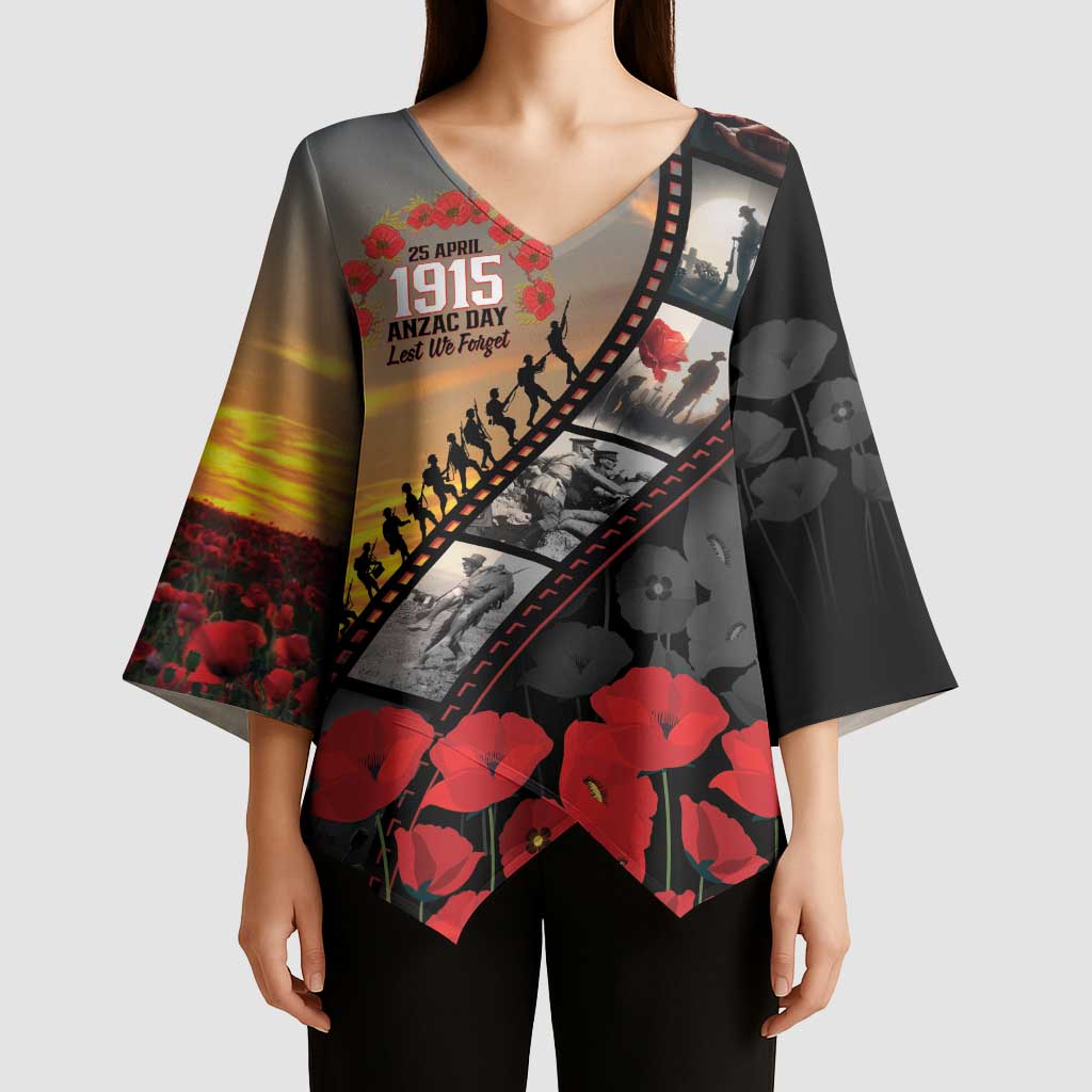 Personalised Remembering ANZAC Lest We Forget Kimono Sleeve Blouse Vintage Film Frame Memorial Red Poppy