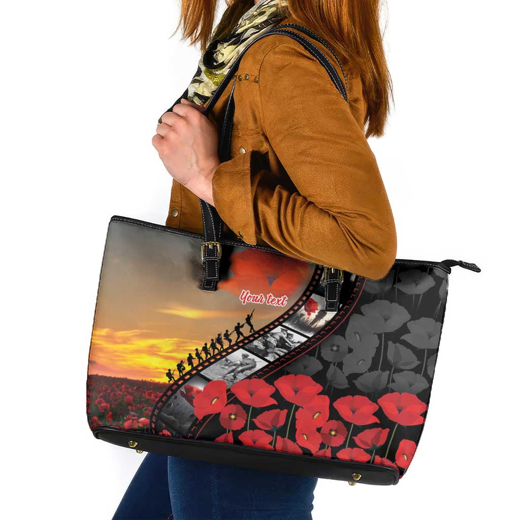 Personalised Remembering ANZAC Lest We Forget Leather Tote Bag Vintage Film Frame Memorial Red Poppy