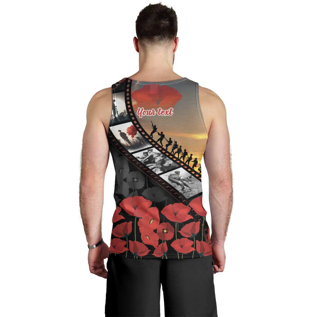 Personalised Remembering ANZAC Lest We Forget Men Tank Top Vintage Film Frame Memorial Red Poppy