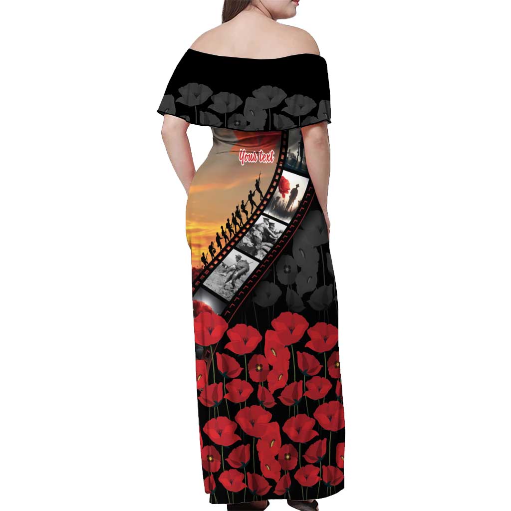 Personalised Remembering ANZAC Lest We Forget Off Shoulder Maxi Dress Vintage Film Frame Memorial Red Poppy