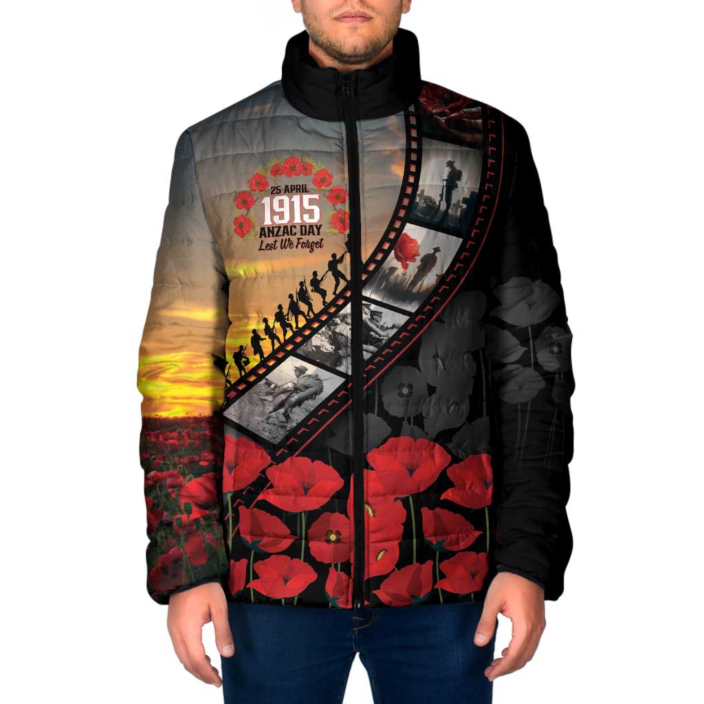 Personalised Remembering ANZAC Lest We Forget Padded Jacket Vintage Film Frame Memorial Red Poppy
