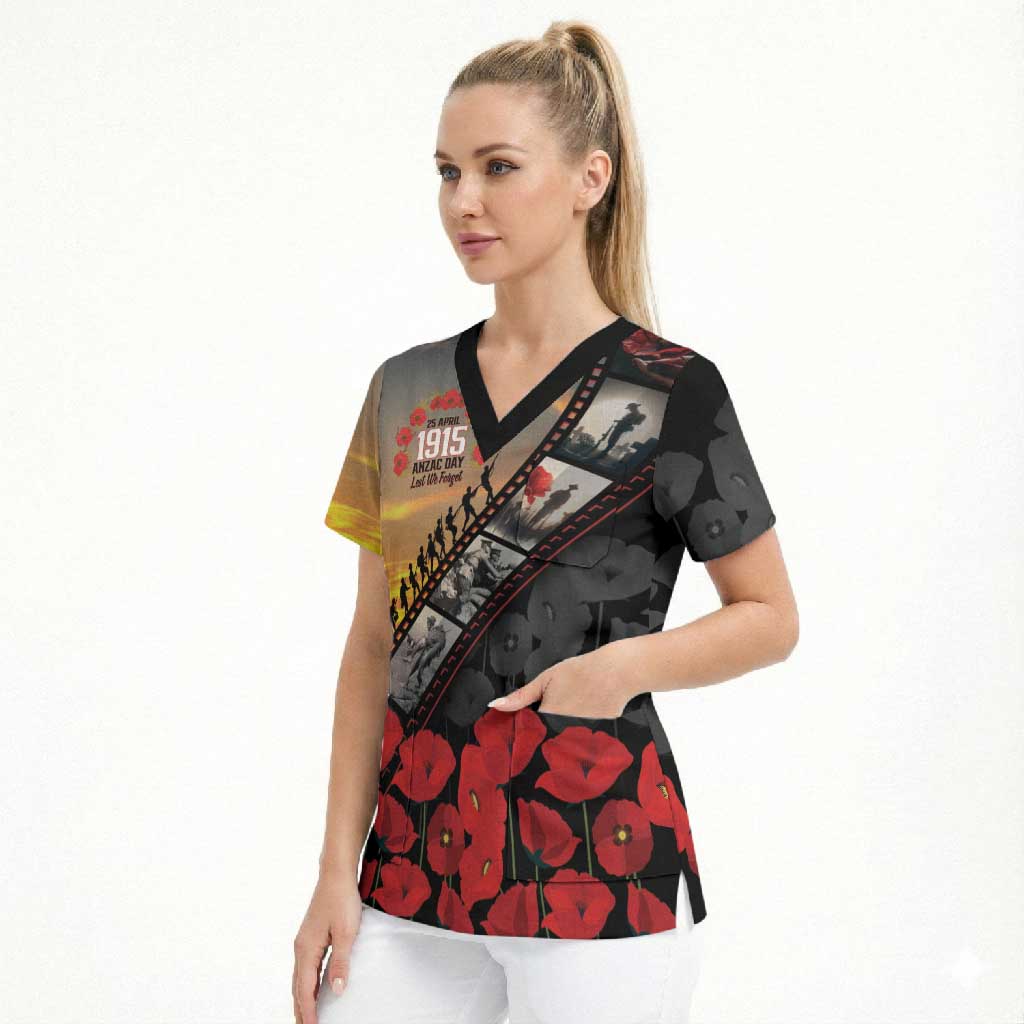 Personalised Remembering ANZAC Lest We Forget Scrub Top Vintage Film Frame Memorial Red Poppy