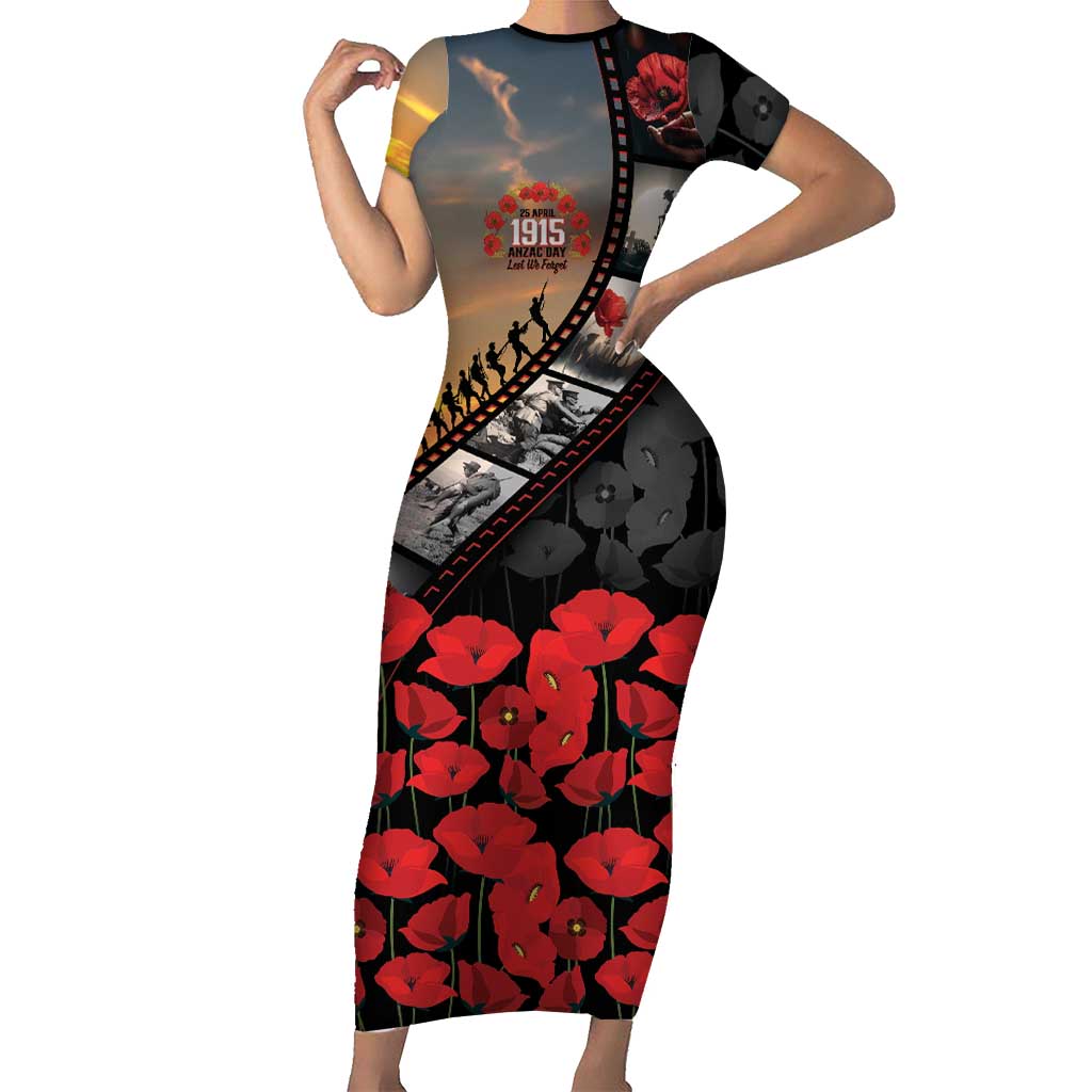 Personalised Remembering ANZAC Lest We Forget Short Sleeve Bodycon Dress Vintage Film Frame Memorial Red Poppy