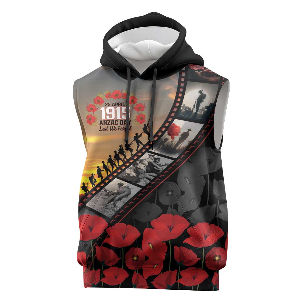 Personalised Remembering ANZAC Lest We Forget Sleeveless Hoodie Vintage Film Frame Memorial Red Poppy