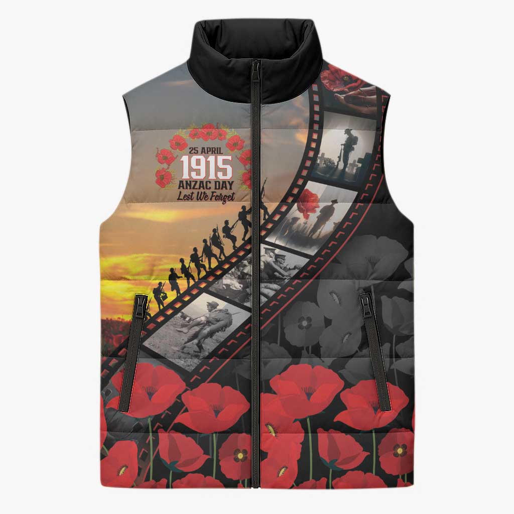 Personalised Remembering ANZAC Lest We Forget Sleeveless Puffer Jacket Vintage Film Frame Memorial Red Poppy