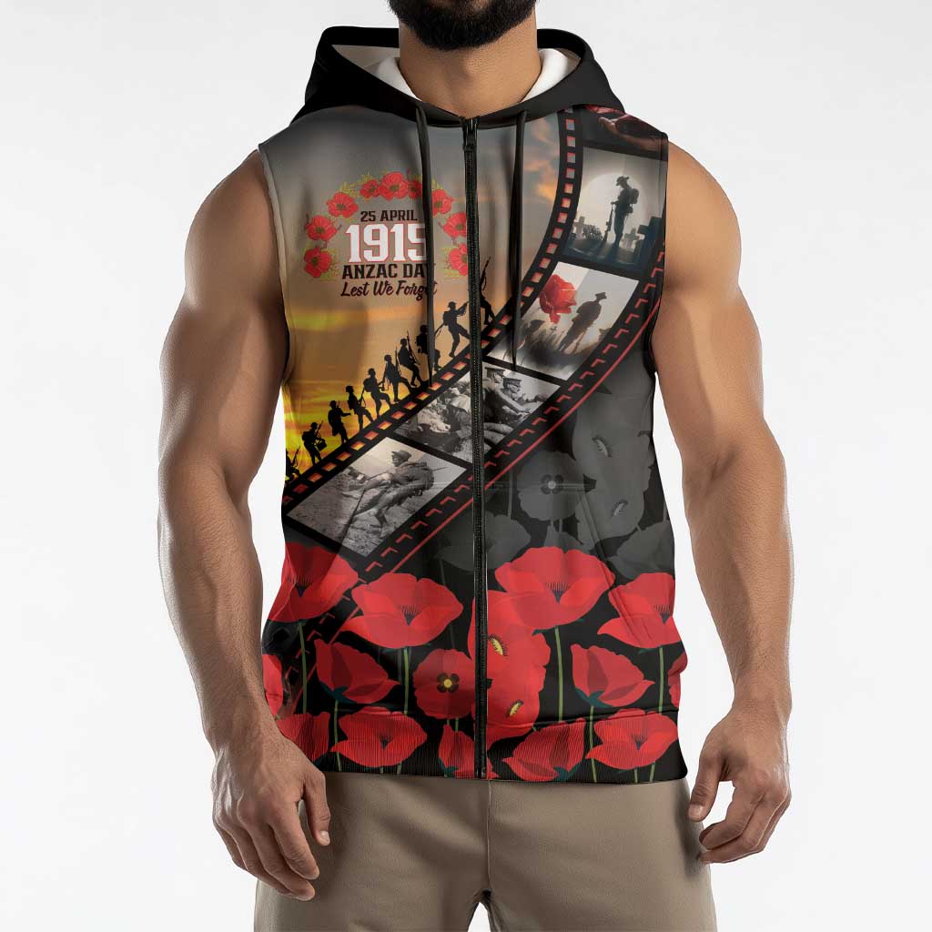 Personalised Remembering ANZAC Lest We Forget Sleeveless Zip Hoodie Vintage Film Frame Memorial Red Poppy