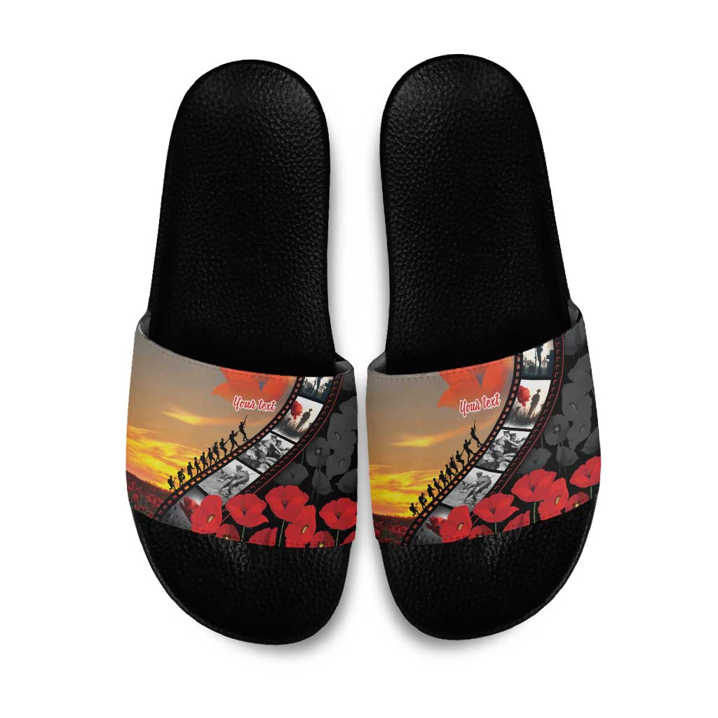 Personalised Remembering ANZAC Lest We Forget Slide Sandals Vintage Film Frame Memorial Red Poppy