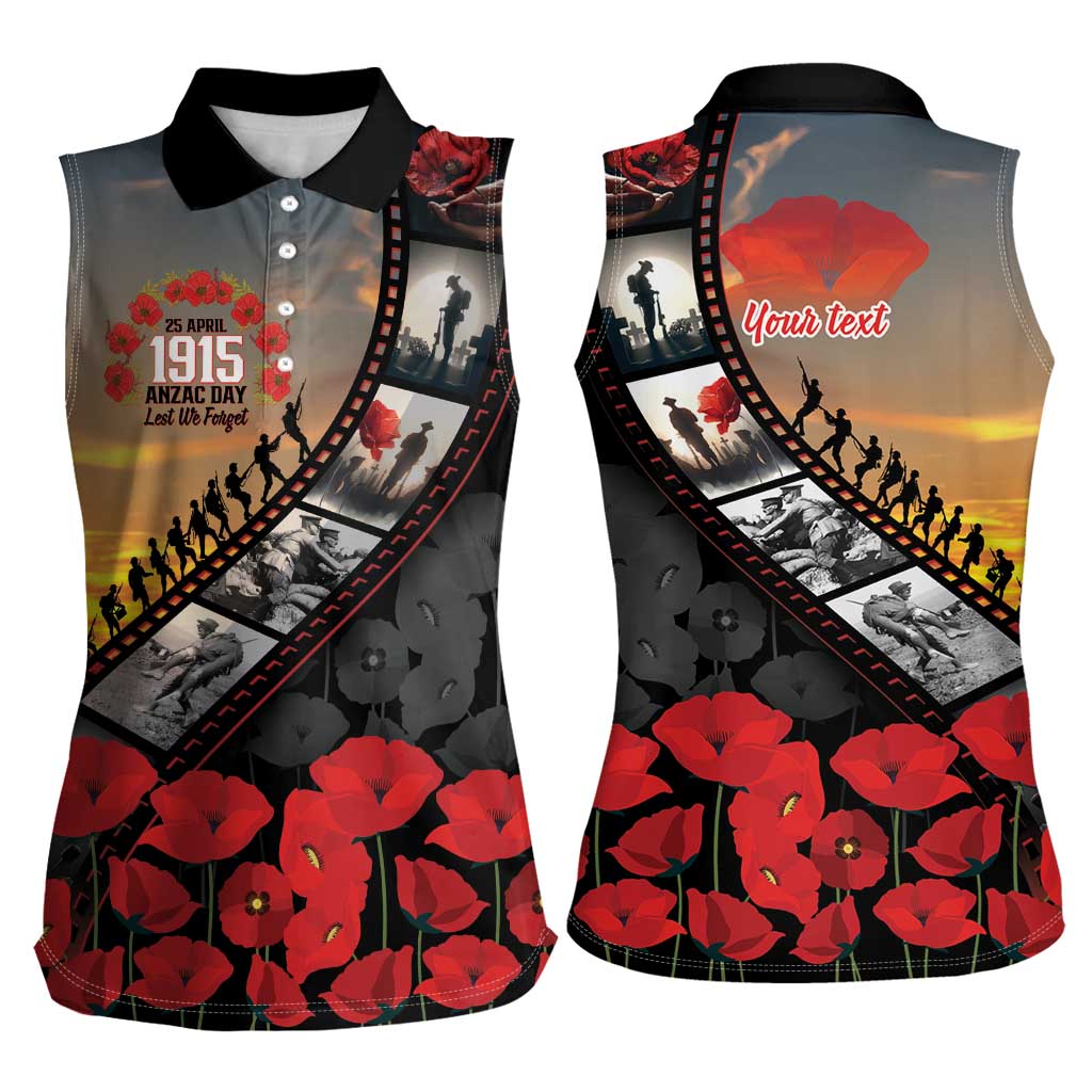 Personalised Remembering ANZAC Lest We Forget Women Sleeveless Polo Shirt Vintage Film Frame Memorial Red Poppy