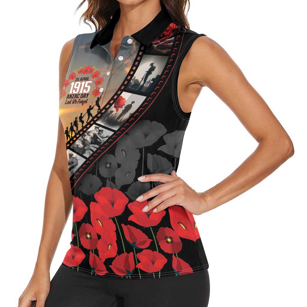 Personalised Remembering ANZAC Lest We Forget Women Sleeveless Polo Shirt Vintage Film Frame Memorial Red Poppy