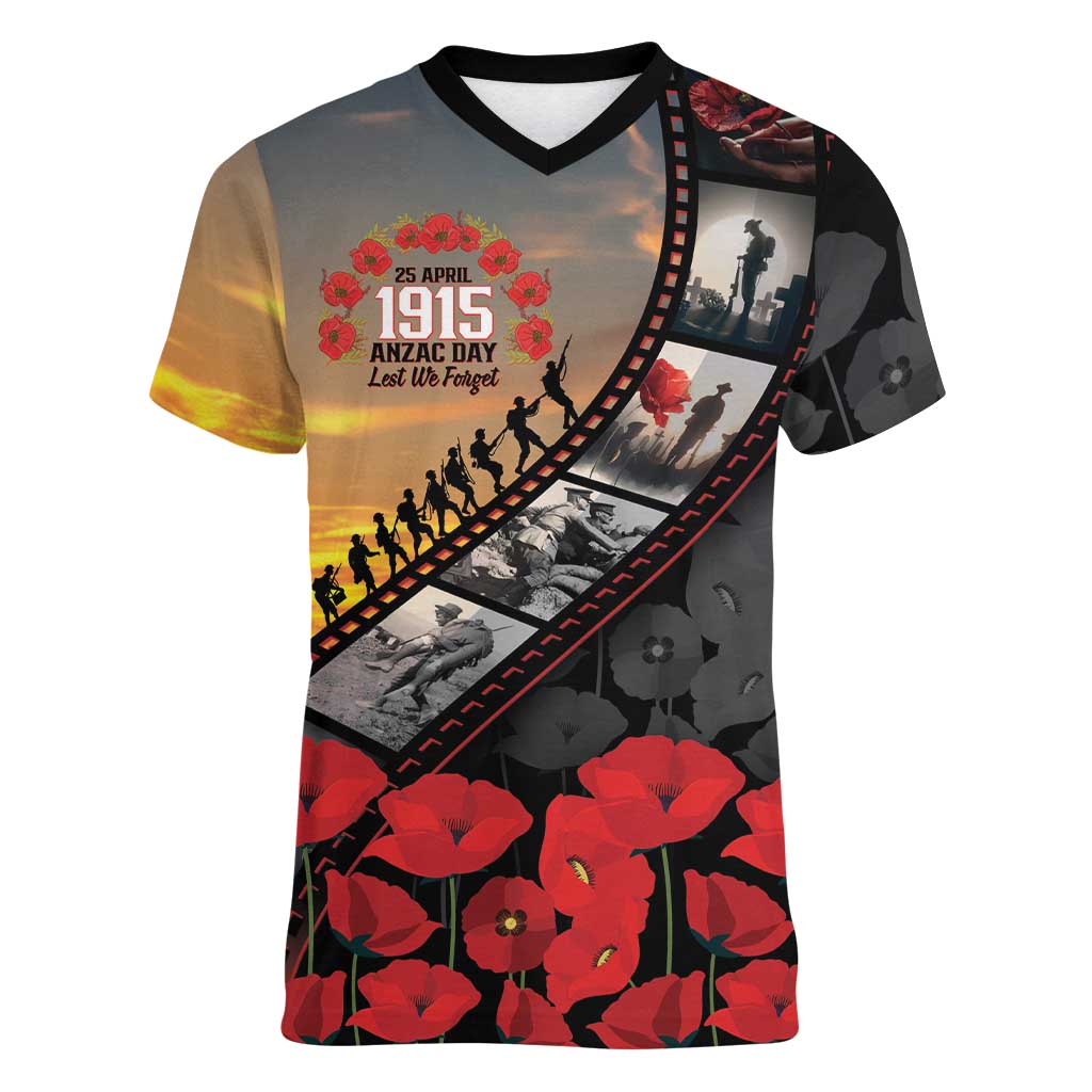 Personalised Remembering ANZAC Lest We Forget Women V-Neck T-Shirt Vintage Film Frame Memorial Red Poppy