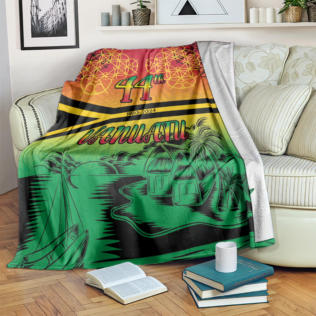 Hapi 44th Indipendens Dei Vanuatu Blanket Yumi 1980 with Vanuatuan Beach Landscape