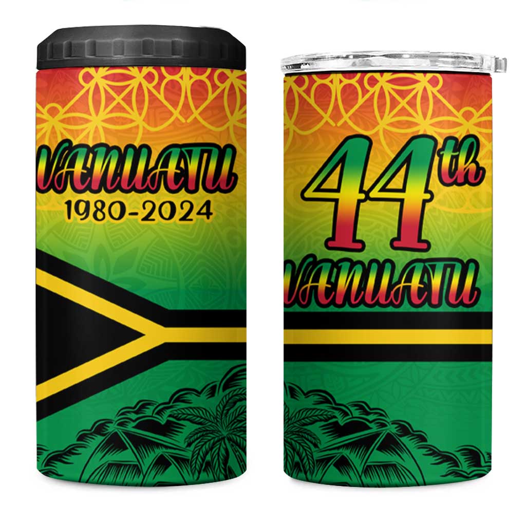 Hapi 44th Indipendens Dei Vanuatu 4 in 1 Can Cooler Tumbler Yumi 1980 with Vanuatuan Beach Landscape