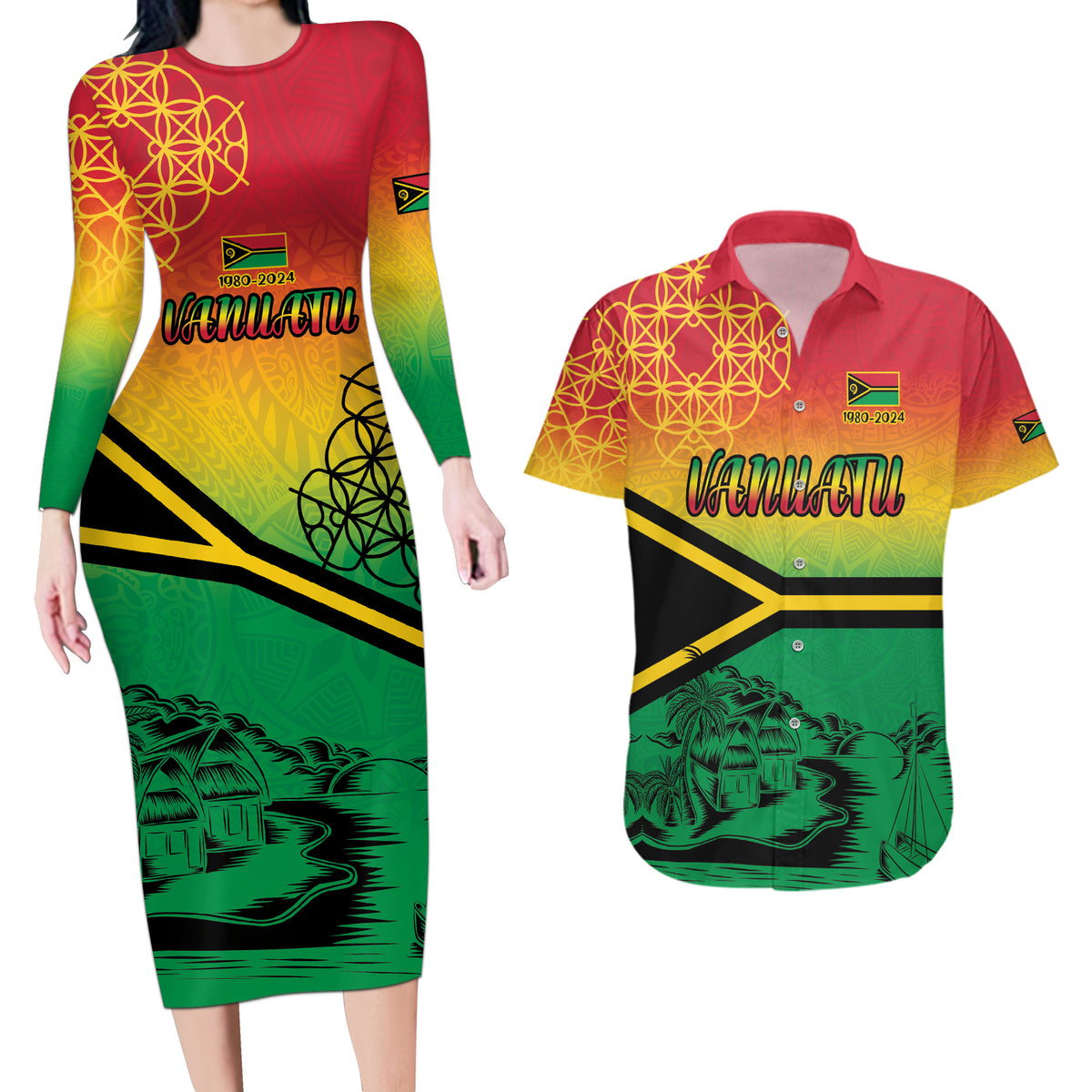 Hapi 44th Indipendens Dei Vanuatu Couples Matching Long Sleeve Bodycon Dress and Hawaiian Shirt Yumi 1980 with Vanuatuan Beach Landscape LT9 Reggae - Polynesian Pride