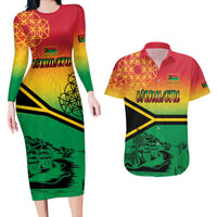 Hapi 44th Indipendens Dei Vanuatu Couples Matching Long Sleeve Bodycon Dress and Hawaiian Shirt Yumi 1980 with Vanuatuan Beach Landscape LT9 Reggae - Polynesian Pride