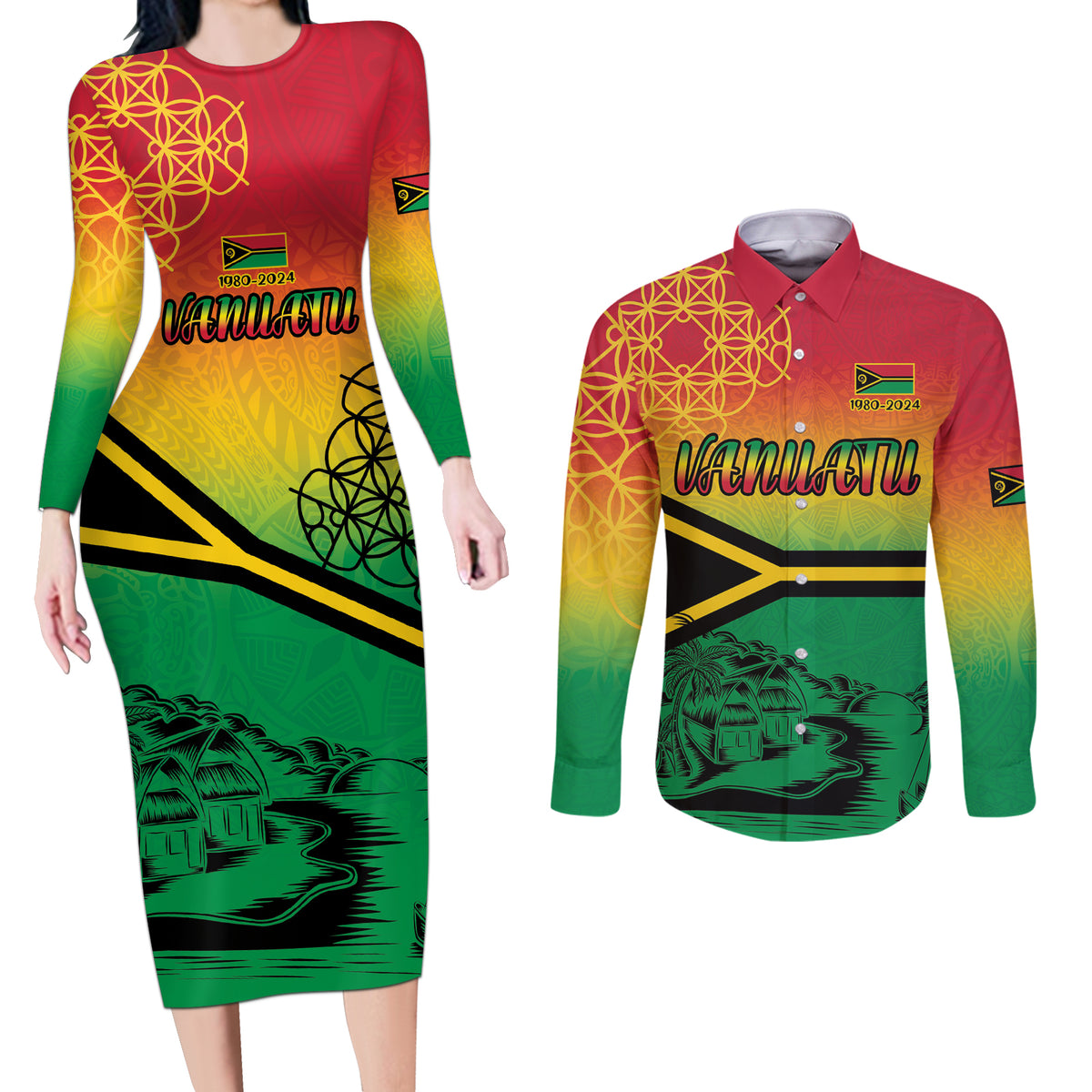 Hapi 44th Indipendens Dei Vanuatu Couples Matching Long Sleeve Bodycon Dress and Long Sleeve Button Shirt Yumi 1980 with Vanuatuan Beach Landscape LT9 Reggae - Polynesian Pride