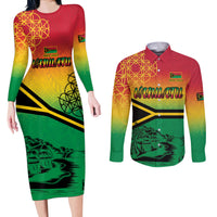 Hapi 44th Indipendens Dei Vanuatu Couples Matching Long Sleeve Bodycon Dress and Long Sleeve Button Shirt Yumi 1980 with Vanuatuan Beach Landscape LT9 Reggae - Polynesian Pride