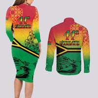 Hapi 44th Indipendens Dei Vanuatu Couples Matching Long Sleeve Bodycon Dress and Long Sleeve Button Shirt Yumi 1980 with Vanuatuan Beach Landscape LT9 - Polynesian Pride
