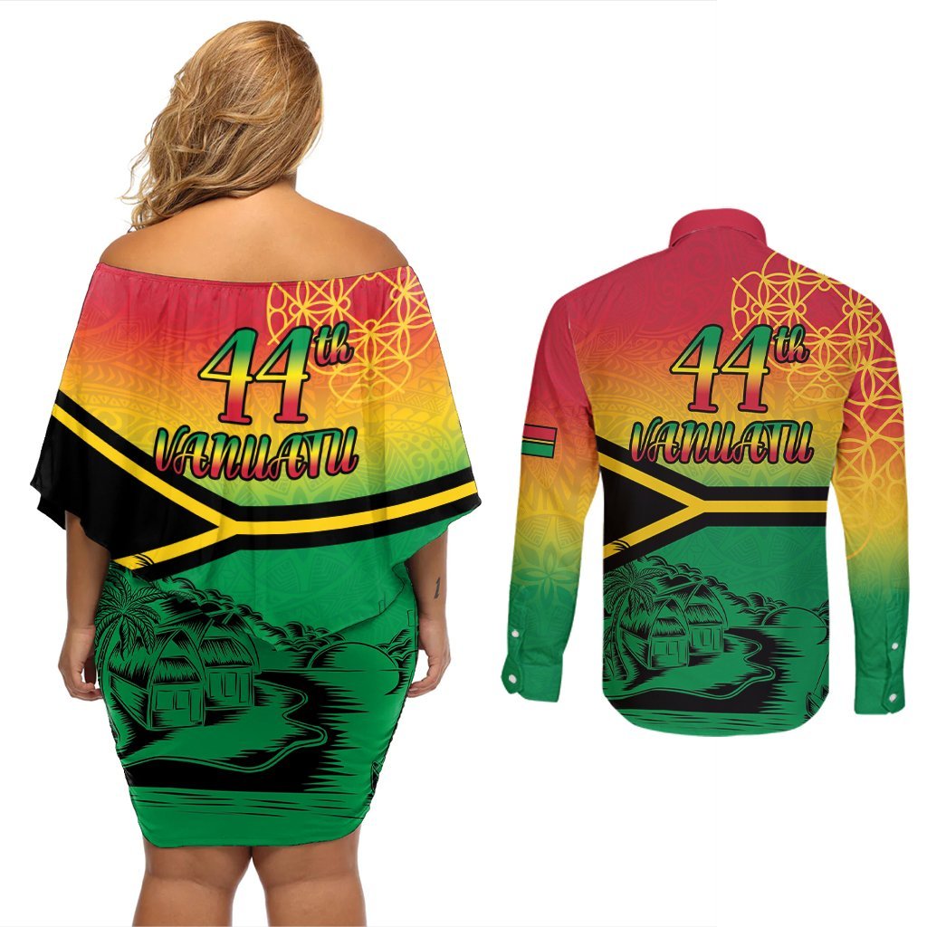 Hapi 44th Indipendens Dei Vanuatu Couples Matching Off Shoulder Short Dress and Long Sleeve Button Shirt Yumi 1980 with Vanuatuan Beach Landscape LT9 - Polynesian Pride