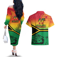 Hapi 44th Indipendens Dei Vanuatu Couples Matching Off The Shoulder Long Sleeve Dress and Hawaiian Shirt Yumi 1980 with Vanuatuan Beach Landscape