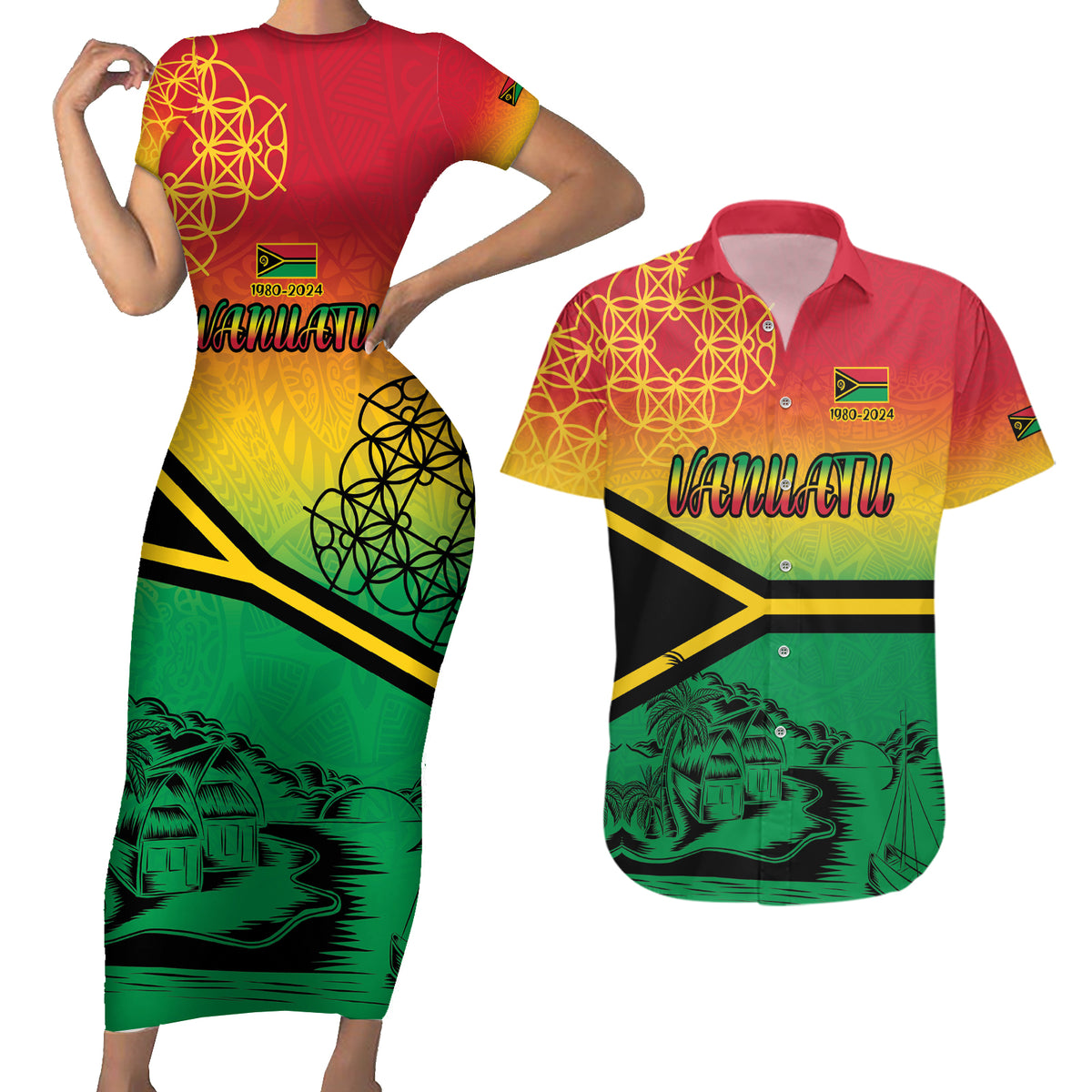 Hapi 44th Indipendens Dei Vanuatu Couples Matching Short Sleeve Bodycon Dress and Hawaiian Shirt Yumi 1980 with Vanuatuan Beach Landscape LT9 Reggae - Polynesian Pride