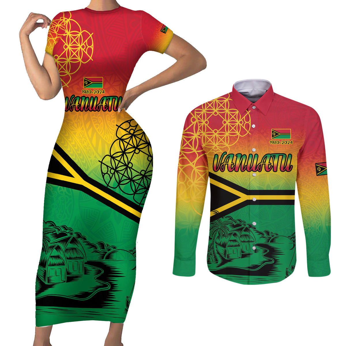 Hapi 44th Indipendens Dei Vanuatu Couples Matching Short Sleeve Bodycon Dress and Long Sleeve Button Shirt Yumi 1980 with Vanuatuan Beach Landscape LT9 Reggae - Polynesian Pride