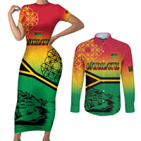 Hapi 44th Indipendens Dei Vanuatu Couples Matching Short Sleeve Bodycon Dress and Long Sleeve Button Shirt Yumi 1980 with Vanuatuan Beach Landscape LT9 Reggae - Polynesian Pride