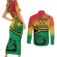 Hapi 44th Indipendens Dei Vanuatu Couples Matching Short Sleeve Bodycon Dress and Long Sleeve Button Shirt Yumi 1980 with Vanuatuan Beach Landscape LT9 - Polynesian Pride